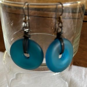 Blue matte glass and copper drop dangle earrings handmade, one of a kind.